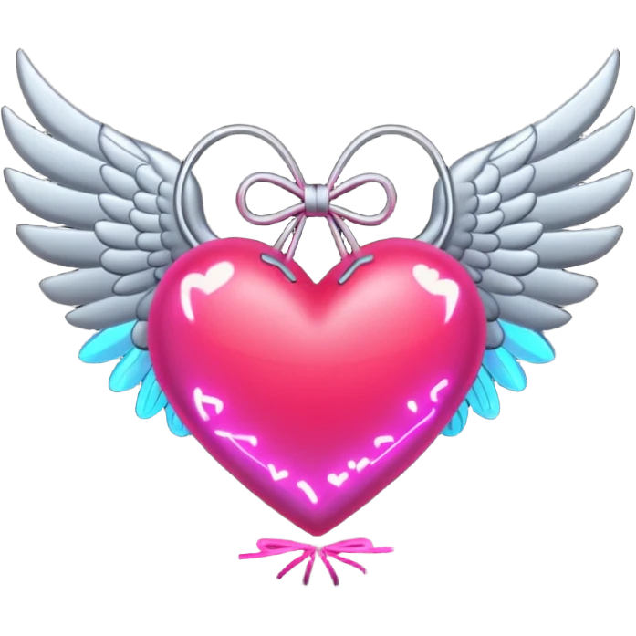 neon heart with a silver bow with heart pattern on the bow, with wings emoji