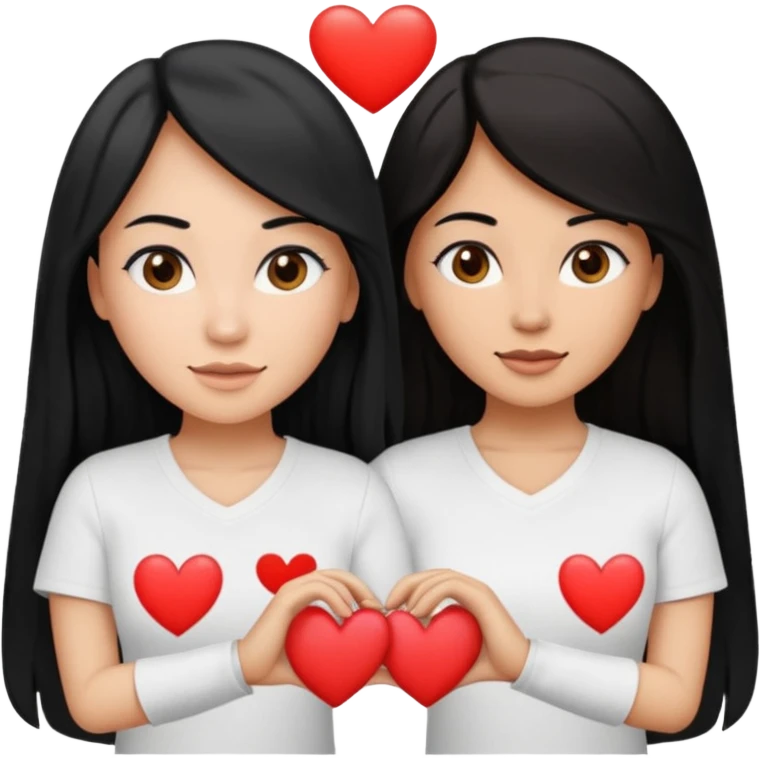 Dos mujeres juntas que una sea de color trigueña y de color blanca, cabello largo negro sea la de piel blanca y la de piel trigueña cabello castaño raya en medio, tengan polo blanco, que haga  una con su mano formando un corazon emoji