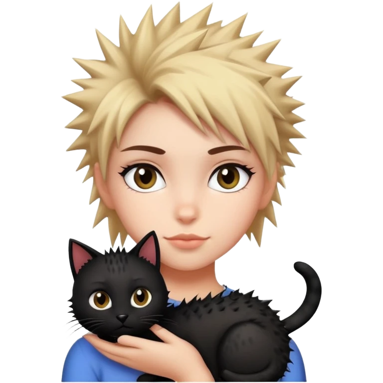 The girl with the spiky hair is holding a black cat. emoji