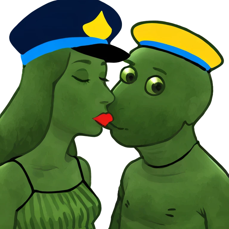 Brown haired girl kissing  a blonde Afro guy emoji