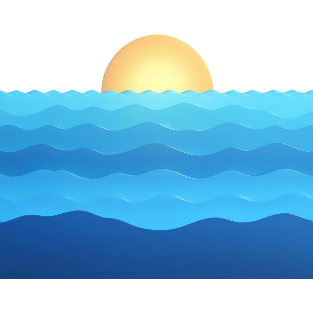 Create an ocean emoji that looks exactly like the reference image in iOS emoji style. It should be 3D, shiny, with smooth gradients, soft shadows, and sunlight reflecting on the water, capturing the classic emoji look. Add a subtle highlight to the water. emoji