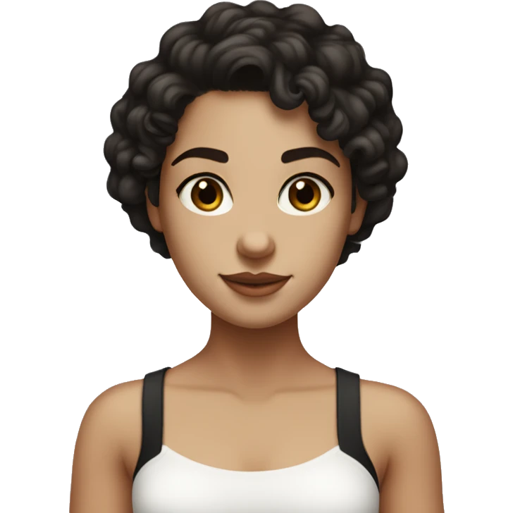 white girl with a white tube top and curly wavy black hair with deep dark brown eyes emoji
