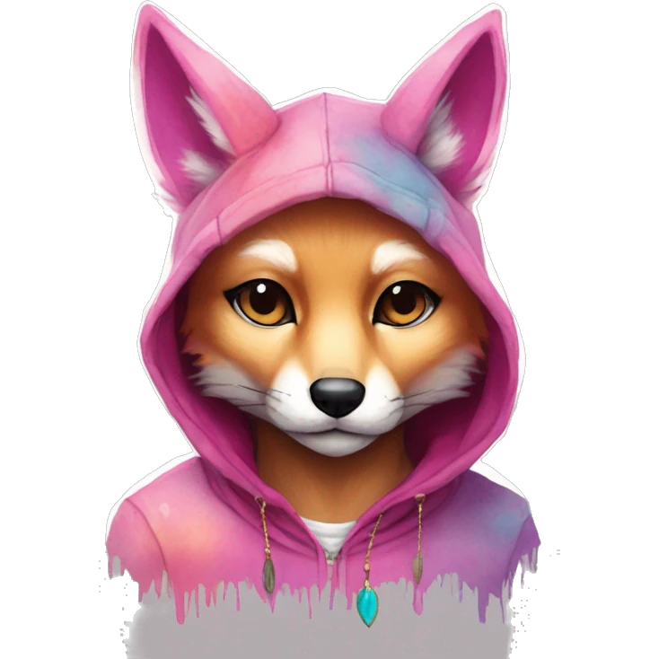 Pink magenta burgundy maroon cyan beige gray fox wearing a pink hoodie with gold jewellery gold piercings gold ear piercing gold nose piercing vintage watercolour tie dye black raven wings emoji