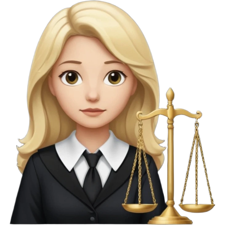 woman lawyer blanche et blonde avec des cheveux mi-long; elle est habillée avec une longue robe noire et un col cravate blanc; la balance de la justice apparaît dans l'ombre derrière elle emoji