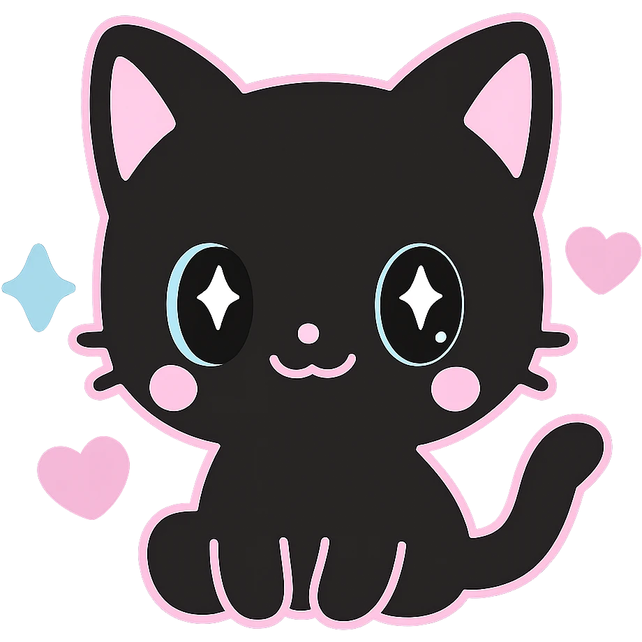 kawaii style magical gothic animal inspired by BLACKPINK, cute face, black fur with pink highlights, sparkling eyes, heart and star accents, playful and glamorous emoji