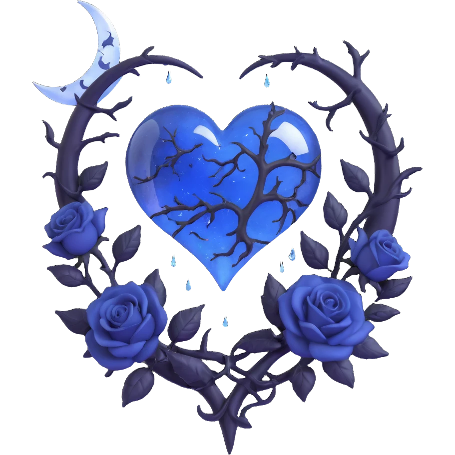 gothic heart, midnight blue glass, silver crescent moon, black roses, stardust, lightning, rain, cracked glass, surreal style emoji