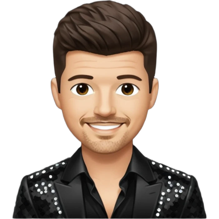 Robin Thicke with dark brown hair, black sequin outfit, light skin emoji