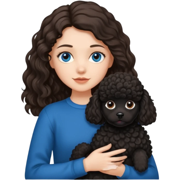 Brunette girl with long wavy hair and blue eyes holding one black puppy poodle with black fur and brown eyes. No decoration on the dog.  emoji