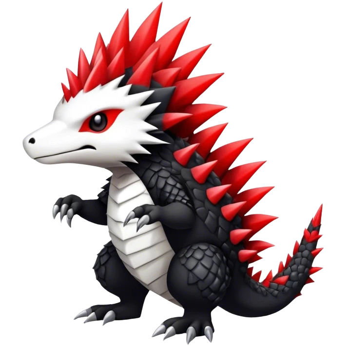 Cute cool black red white animal hybrid Fakemon full body, detailed, spiky, scaly, edgy emoji
