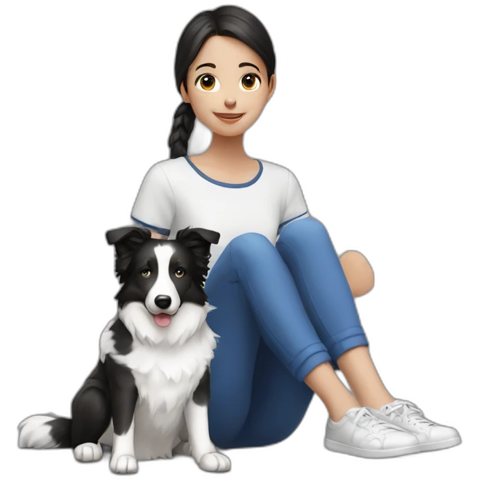 A girl sits with a Blue and white border collie emoji