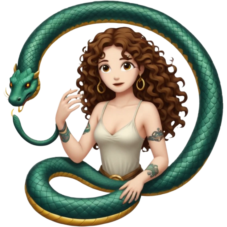 full body woman long curly brown hair brown eyes white skin tattoos ouroboros serpent ring floating behind her like halo emoji
