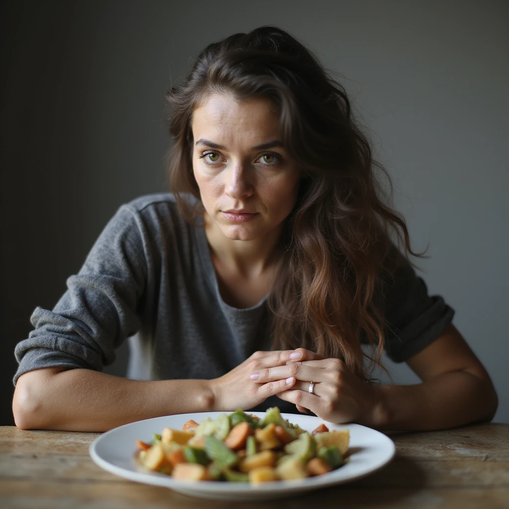 adult woman, photorealistic, diet not working, vacant stare, sitting at table with healthy food, sad atmosphere, natural light, kitchen background emoji