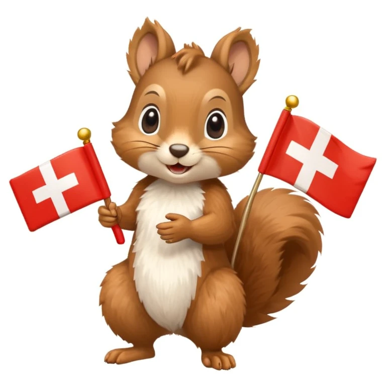 a squirrel holding a gift box in one hand and a Swiss flag in the other, both objects clearly visible, simple white background emoji