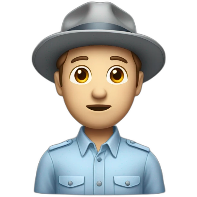 A TOK emoji of a bust of a man with light skin and short brown hair, wearing a light blue oxford shirt and a gray trilby hat with a flap on the back, looking concerned emoji
