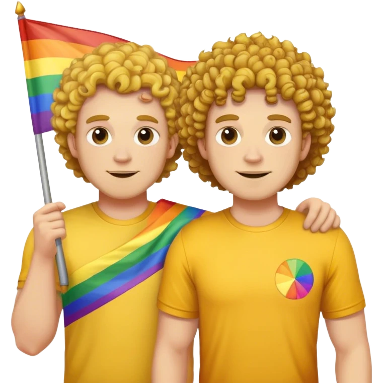 Heavy set white guys with yellow shirt and curly hair holding a pride flag emoji
