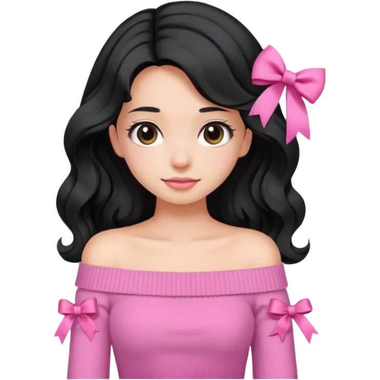 Girl with black wavy little long hair and a ribbon hair clip beside it make it look like wearing a pink off shoulder sweater  emoji
