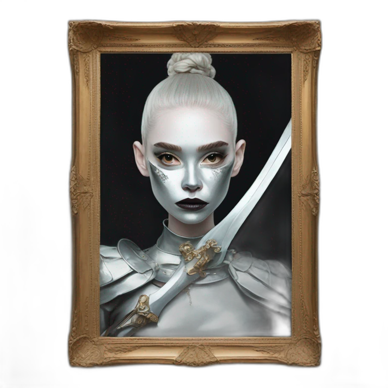 portrait of Grimes in a silver mask woth a sword from at Met gala 2021 emoji