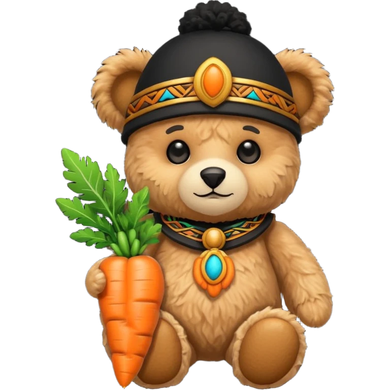 teddy bear, wearing black mayan ancient custome, with carrot emoji