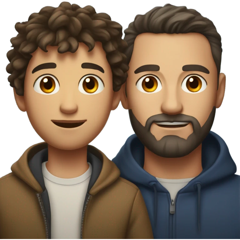 Handsome Father 40s with short full beard with Son 13s tousled bedhead look both has brunette hair light skin close together portrait emoji