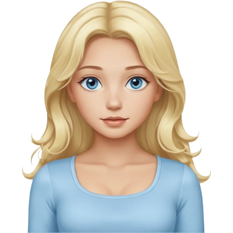 pretty girl blonde soft wavy long hair middle part makeup light baby blue skin tight square neckline long sleeve top emoji