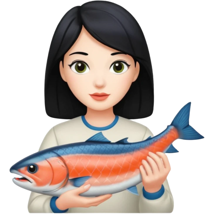 White lady with black hair holding a salmon  emoji