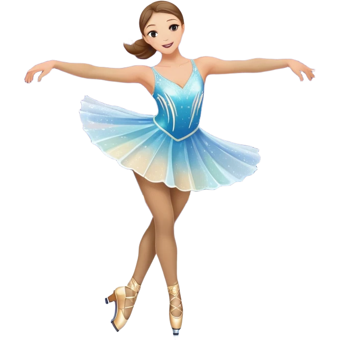 An icon featuring a graceful figure skater performing a spin on a sparkling ice rink. The scene includes a shimmering rink, colorful spotlights, snowflakes gently falling from the sky, and an audience in the stands, with a snowy landscape visible through large windows. Transparent background. emoji