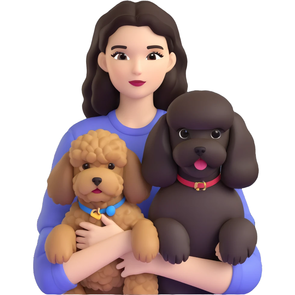 Kendall Jenner with long dark hair holding a brown poodle and a black schnauzer emoji