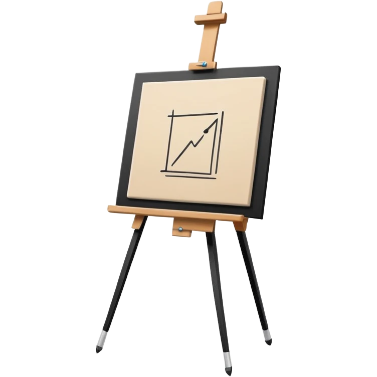 Minimalistic flat vector icon, iOS style, thin black contour on white background. Easel holding a canvas with simple sketch lines, pencil beside it. No text, no shadows emoji