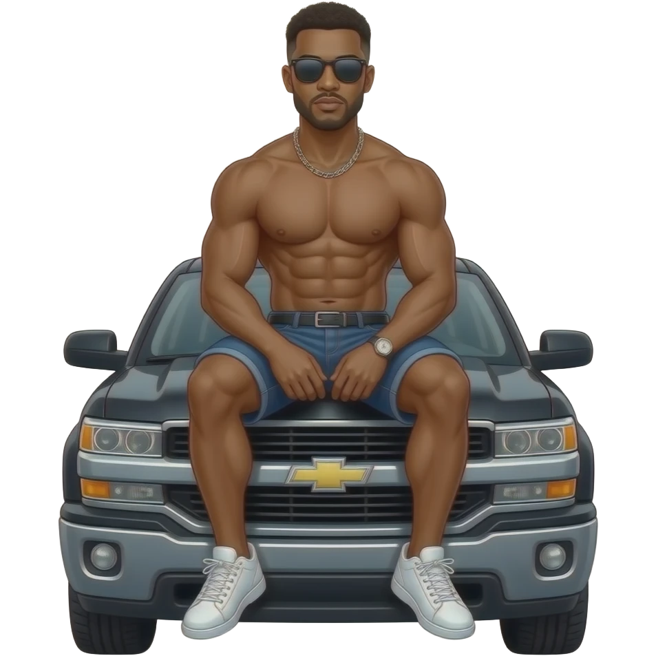 make a black skinned 20 year old man with a low taper fade sittting on top of a black chevy truck with so many abs it’s hard to count and giant muscles with sunglasses i can’t see his eyes emoji