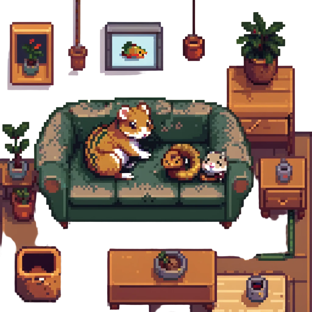 snake hugging a hamster in a cozy living room, pixel art emoji