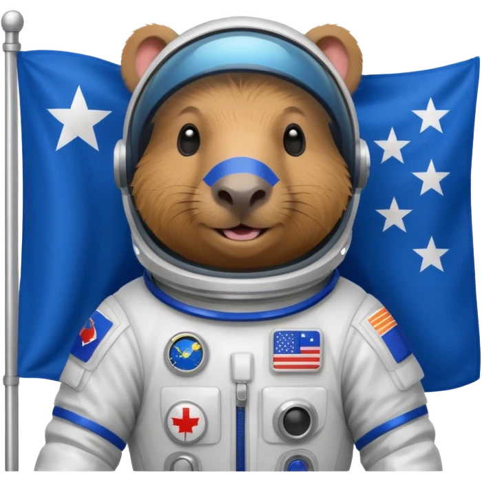 Capypara in space suit, holding blue rectangle flag emoji