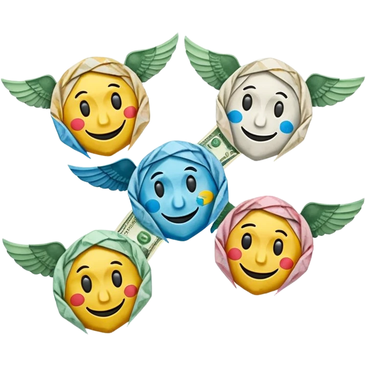 flying mixed-currency banknotes (dollar, euro, ruble) with sad smiley faces, dynamic, expressive style similar to 💸 emoji emoji