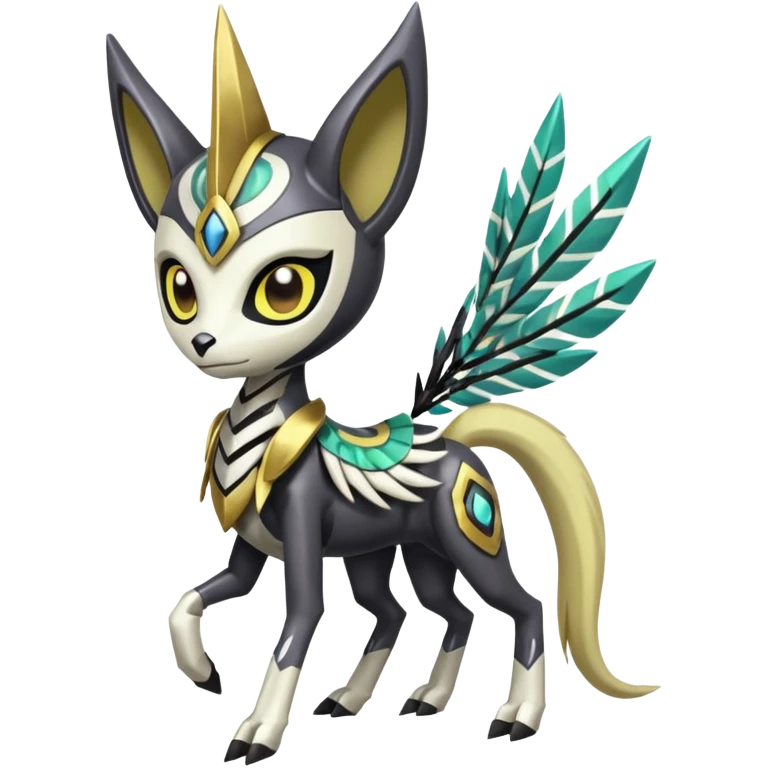 Arrow-patterned chevron-marked Cute Big-eyed anime-styled Colorful Shiny Tribal Skeletal masked armored Meloetta-Silvally-Solgaleo-Raikou-Pokémon-Digimon-Fakémon-fusion-hybrid-creature, full body emoji