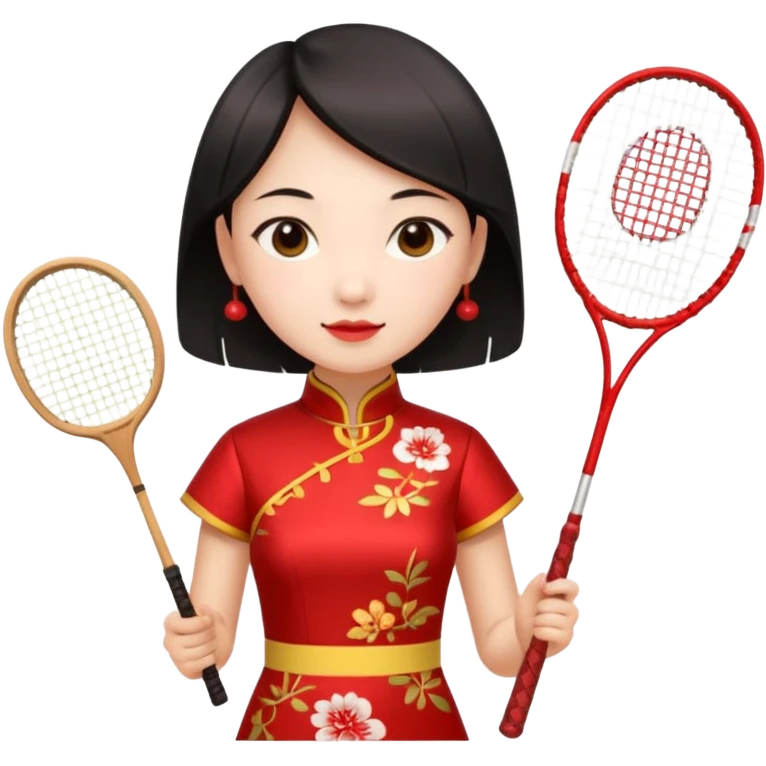 ancient cheongsam girl with 1 badminton racket, red emoji