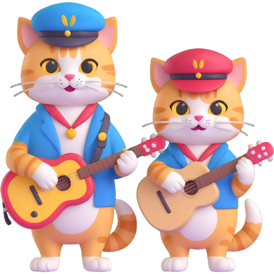 two happy cats together, one artist cat with a beret and paintbrush, one musician cat with a guitar, holding front paws, joyful emoji