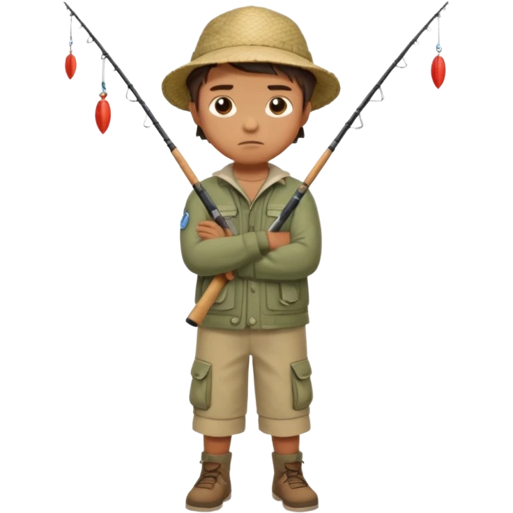 A boy with crossed arms, looking annoyed, dressed in fishing clothes full body emoji