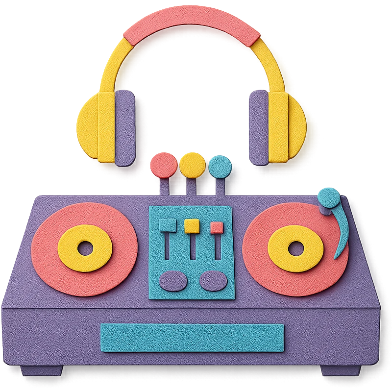 DJ booth with records, headphones, and lights, playful colors emoji