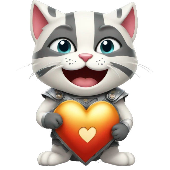 Cat gladiator holding a heart with a laughing crying face {happy}  emoji