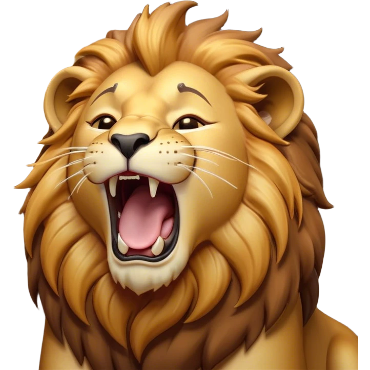 Cinematic Cute Yawning Lion Portrait Emoji, Head tilted slightly with a dramatic, wide-open yawn, showcasing a soft, downy tawny Fur with a majestic mane, floppy ears slightly drooping, round amber eyes barely open in drowsy contentment, Simplified yet irresistibly adorable features, highly detailed, glowing with a soft, cozy glow, high shine, relaxed yet expressive, stylized with a touch of savannah whimsy, bright and endearing, soft glowing outline, capturing the essence of a sleepy yet affectionate lion, so drowsy it feels like it could stretch out of the screen and curl up for a nap! emoji