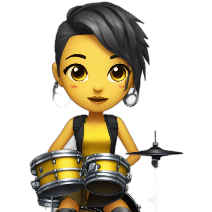 cute punk girl in yellow dress dark skin with yellow eyes and dark curvy hairs drummer anime style emoji