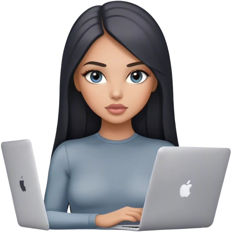 Glamours, tanned, very beautiful girl, with big pump peach-beige-rose lips, black straight smooth silky long hair, straight parting, blue-grey eyes, in grey bodysuit holding MacBook emoji
