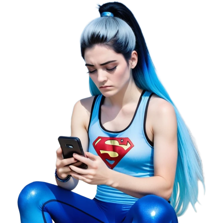 Shameful disappointed crying-very very very very big chest-texting on a samsung cell phone-very long straight flowing black to sky blue hair ombre-blue eyes-black eyeliner-long eyelashes-plastic sparkling sky blue very low cut tank top with sparkling superman logo-black leggings-nike sneakers emoji