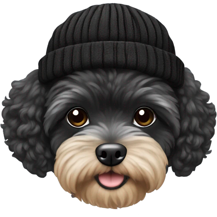 tiny black maltipoo with a beanie hat emoji