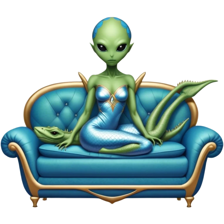a reptilian green alien woman, in blue gold silver dress , lie on couch comfy, full figure emoji