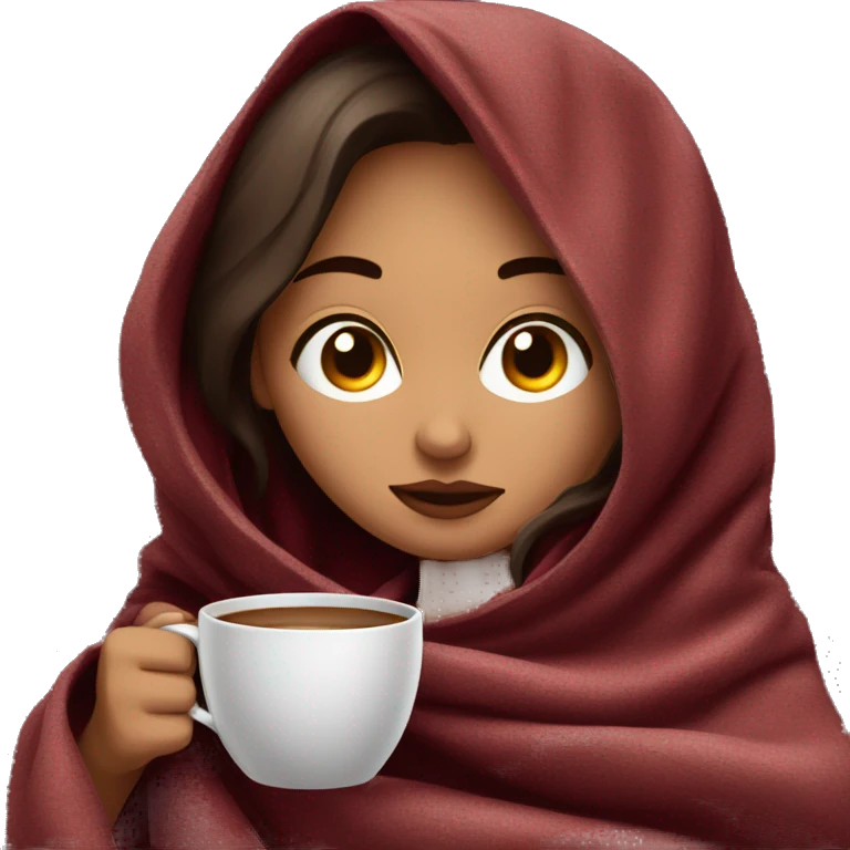 Brunette girl inside a maroon blanket sipping coffee eyes closed emoji