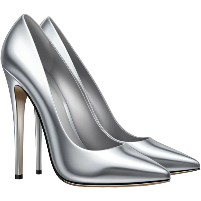 A pair of high heel shoes emoji made of polished silver chrome, elegant sharp silhouette, smooth metallic surface, glossy reflections, luxury sexy vibe, minimalistic iOS emoji style, centered, clean white background emoji