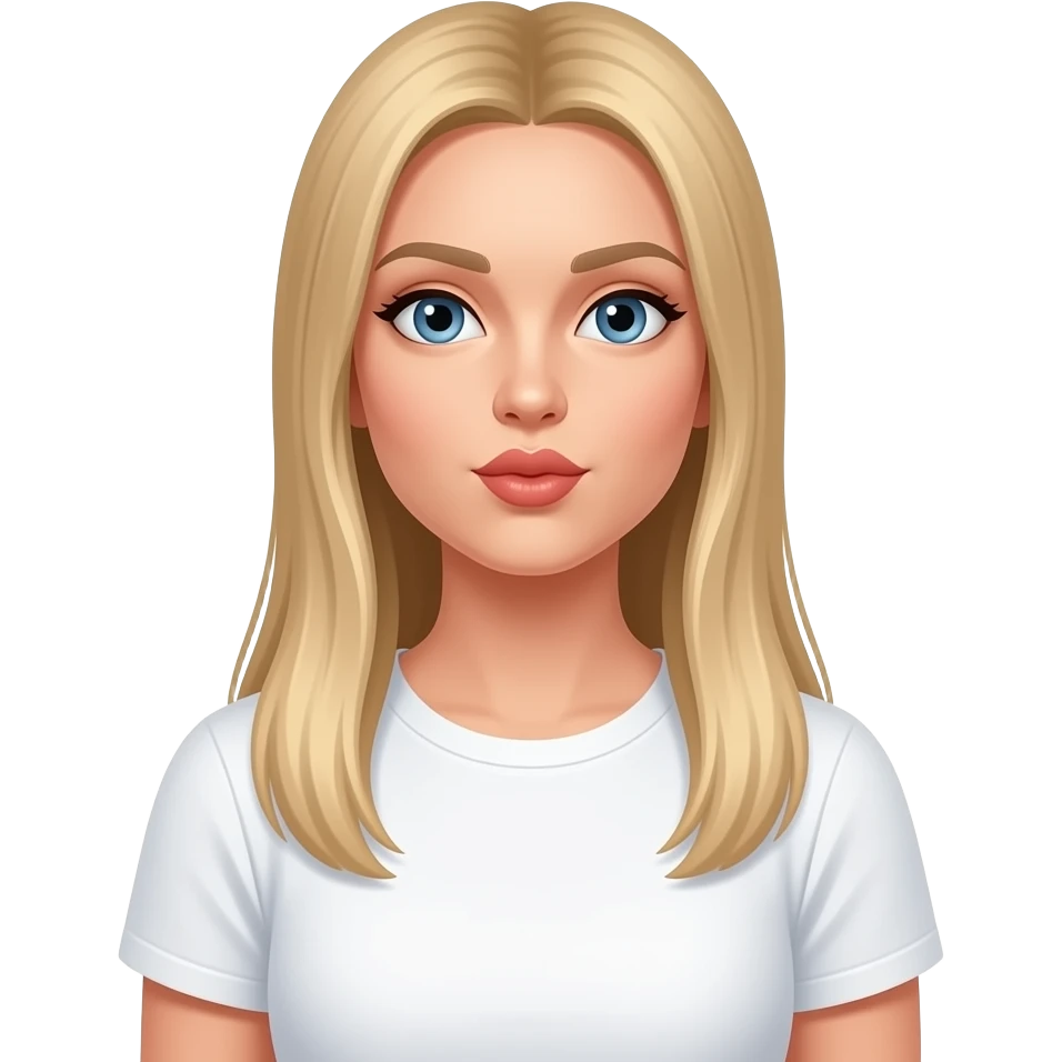 bella ragazza russa bionda capelli lisci lunghi e occhi chiari, con maglietta bianca e manda bacio emoji