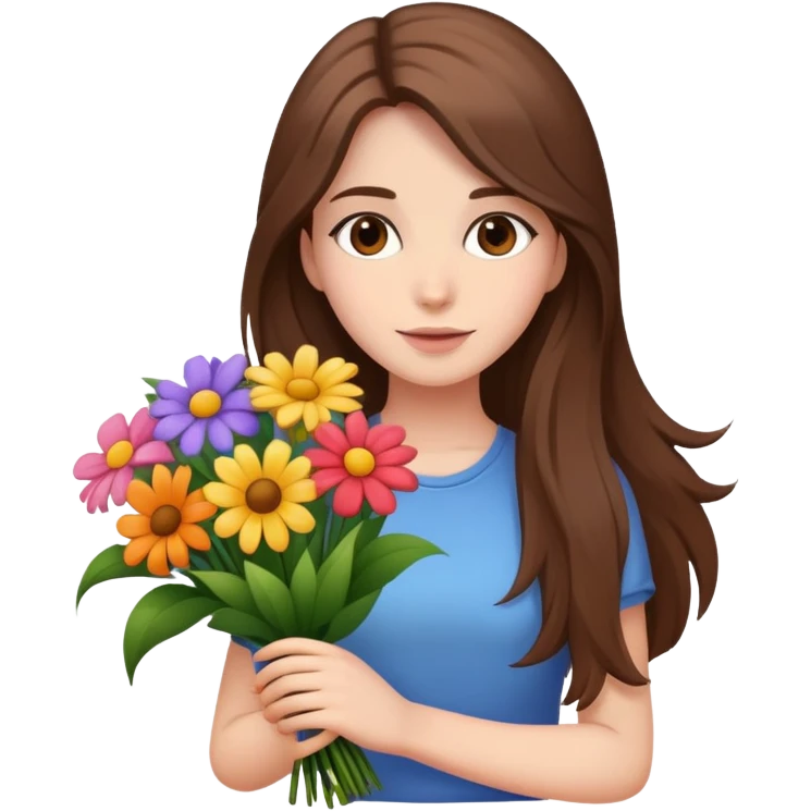 Cool girl with long brown hair and fair skin holding a bouquet of flowers emoji
