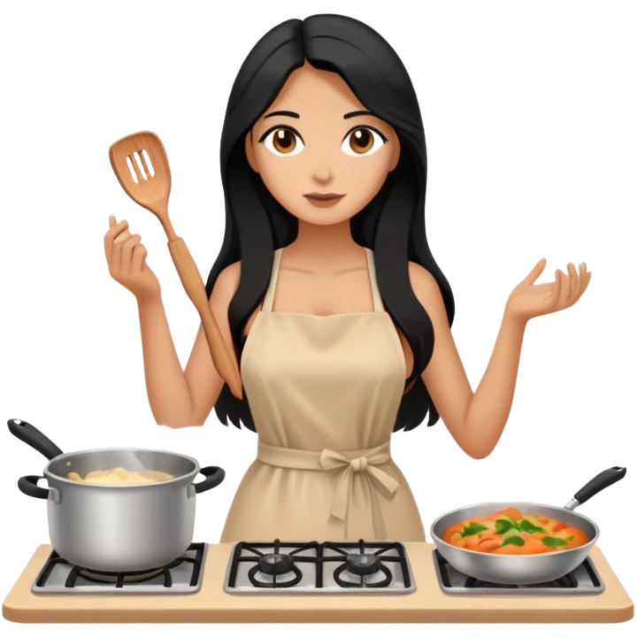 cooking, black long hair tanned woman, nude color dress emoji