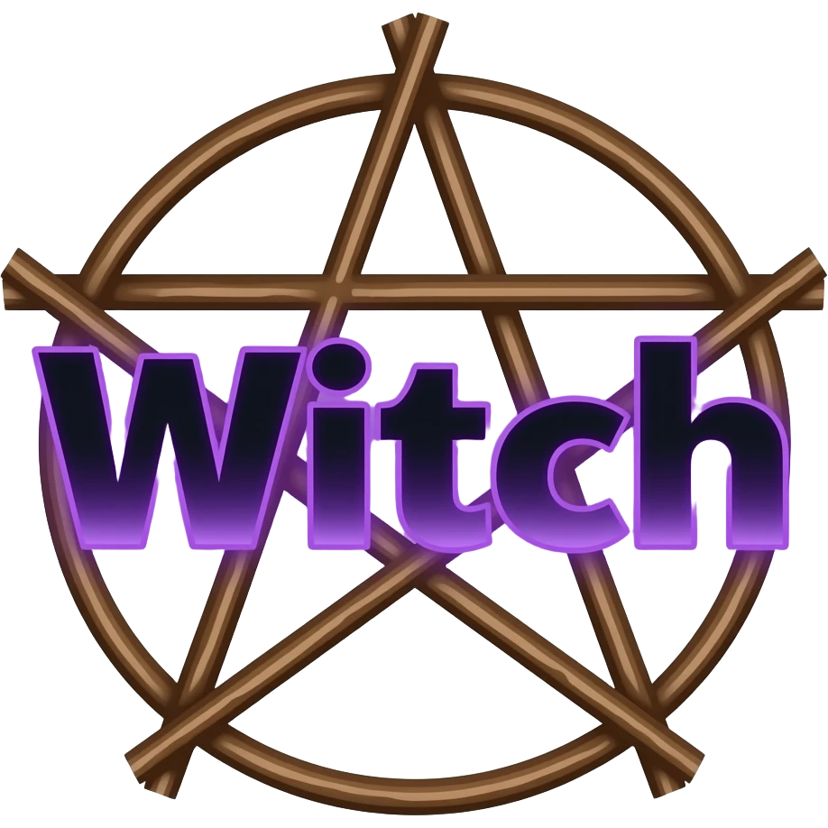 A spooky Goth inspired  black text "Witch" glowing with gradient violet. Behind the text isof a brown rustic upwards pentagram made of sticks. emoji